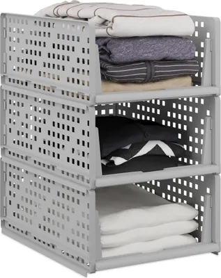 Produktbild von Relaxdays Schrank Organizer 3er Set, stapelbare Kleiderschrank Aufbewahrungsboxen, 18 x 33,5 x 43,5 cm, ausziehbar, grau