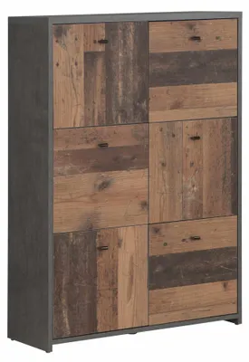 Kommode BEST CHEST K321 mit grauem Metallrahmen und sechs Türen in Old Wood Vintage Optik, Gesamtansicht von vorne.