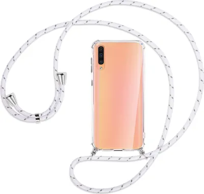 Produktbild von Handykette Backcover-Schutzhülle mit Band (Metall silberfarben) für Samsung Galaxy A50 - weiß/grau