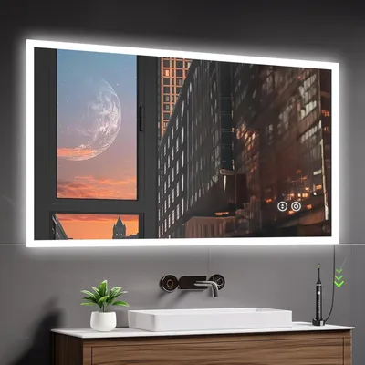 Produktbild von YOLEO Badspiegel mit Licht, 120x80cm, LED-Badspiegel mit Steckdose, Wandspiegel mit Touch-Schalter und explosionsgeschütztem Glas, 3 dimmbare Farben
