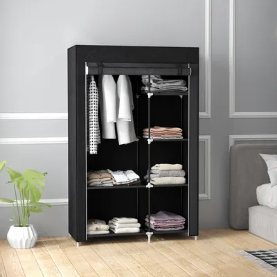 Produktbild von SUGIFT Stoffschrank Schwarz 6 Regalböden 1 Kleiderstange, Kleiderschrank Vliesstoff faltbar, Reißverschluss, Stahlrahmen | 103 x 43 x 162,5 cm | 2,4 kg