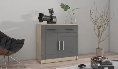 Produktbild von Kommode Sideboard PARIS 2F-2S Wohnwand Wohnzimmer Anbauwand Grau + Sonoma Eiche