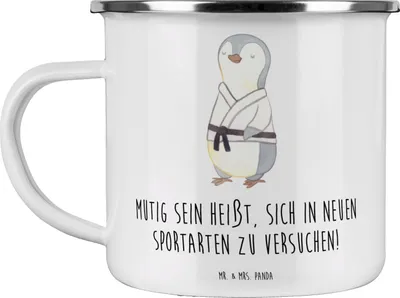Produktbild von Mr. & Mrs. Panda Emaille Tasse Neue Sportart versuchen - Weiß - Geschenk, becher, Vertrauem, Entdeckung, Zuversicht, Geschenkideen, Mut zeigen, Teetasse, Neues lernen