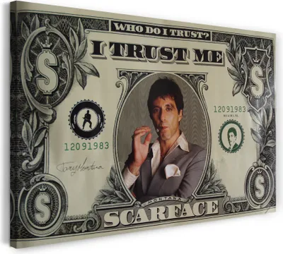 Produktbild von Leinwandbild (120x80cm): Filmplakat Filmmotiv Scarface Tony Montana auf Dollar-Note, echter Holz-Keilrahmen inkl. Aufhänger, handgefertigt in Deutschland