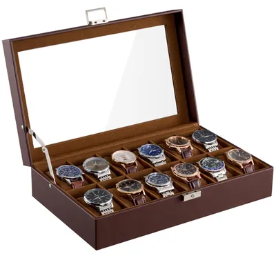 Image de Coffret à montres à 12 compartiments, étui à montres, coffret de rangement pour montres en cuir PU, coffret à montres avec couvercle en verre – Espresso