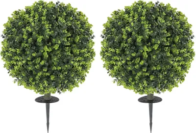 Immagine prodotto di Set di 2 palline di bosso artificiale 40 cm piante artificiali con picchetto, piante artificiali, plastica come vera decorazione per soggiorno, camera da letto, ufficio, giardino
