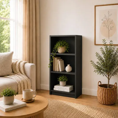 Immagine prodotto di Libreria Arrocco, 50x31x113 cm, libreria a 3 ripiani in pannello da 16 mm, moderna libreria aperta da appoggio, ripiani contenitori e da esposizione per soggiorno, ufficio in casa, camera da letto