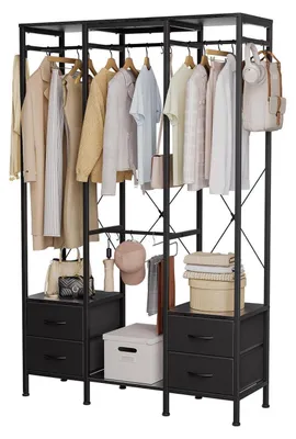 Immagine prodotto di Appendiabiti con 4 cassetti e 3 aste appendiabiti, colore nero, dimensioni 110x35x175 cm