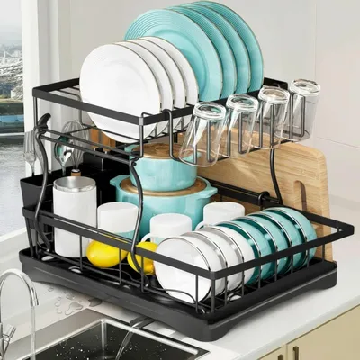 Immagine prodotto di Portascolapiatti da cucina - Scolapiatti - Asciugascotola - Sistema di scarico girevole - 44x31x33 cm - Nero