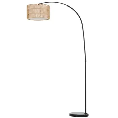Produktbild von Bogenlampe Stehlampe Wohnzimmer mit E27-Fassung, höhenverstellbar 144–175 cm, Fußschalter, Lampenschirm in Rattan-Optik, Schwarz, exkl. Leuchtmittel