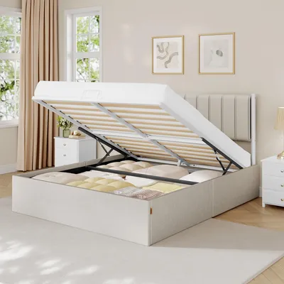Produktbild von VASAGLE Bettgestell, 160 x 200 cm, hochklappbar Lattenrost, Stauraum unter dem Bett, mit Kopfteil, beige