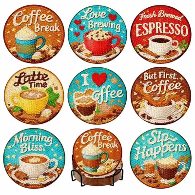 Immagine prodotto di Set di 8 sottobicchieri per diamond painting, con supporto, decorati con motivi a tema caffè, ideali per decorare la tavola e perfetti come regalo, da realizzare con la tecnica del diamond painting