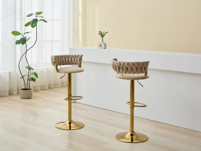 Produktbild von Set aus 2 Barhockern aus Velours und goldenem Metall - Verstellbare Höhe - Beige - LOMYA