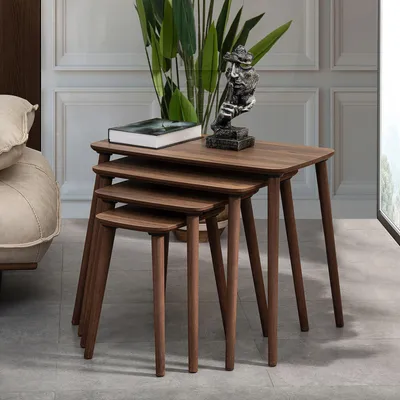 Produktbild von Skye Decor, Hochwertiger Nesting-Tisch (4 Teile), Walnuss, 70 x 55 x 40 cm | 100% MDF, 18 mm dick, mit Holzbeinen | Perfekt für modernes Wohnen, elegant und funktional.