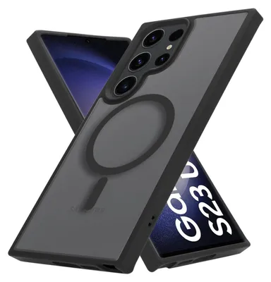 A black phone case with a magnetic ring is shown diagonally, with a phone screen visible behind it.