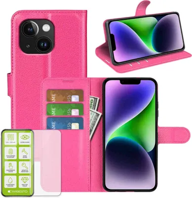 Obrázek produktu pro Pouzdro na mobilní telefon Apple iPhone 15, růžové pouzdro z umělé kůže + tvrzené sklo H9