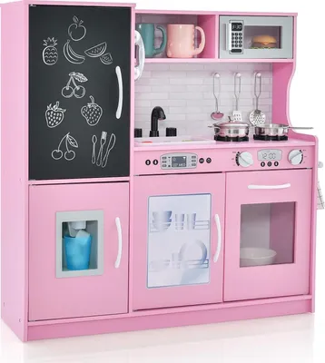 Produktbild von GOPLUS Kinderküche aus Holz, Kinderspielküche mit Mikrowellen, Backofen, Wasserbecken, Kreidetafel & Eismaschine, Spielküche von 3 bis 6 Jahre