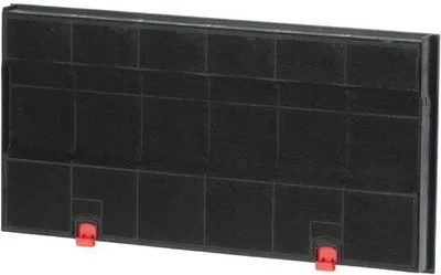 A black activated carbon filter with two red clips on the bottom.