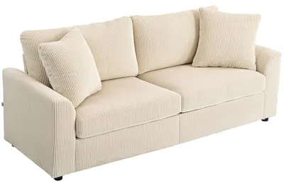 Produktbild von Couch mit Zierkissen, 3-Sitzer-Sofa Cordstoff, Cremeweiß, Polstersofa  |  federgepackte Polsterung  |  Stahlrahmen  |  212 x 80 x 88 cm
