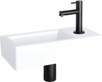 Produktbild von Differnz Helios Waschbecken – Aufsatzwaschbecken 37,5x18,5x9,5 cm – Waschbecken Bad mit Wasserhahn Rechts – Schwarze Armatur Matt – Standardgriff für Gäste WC