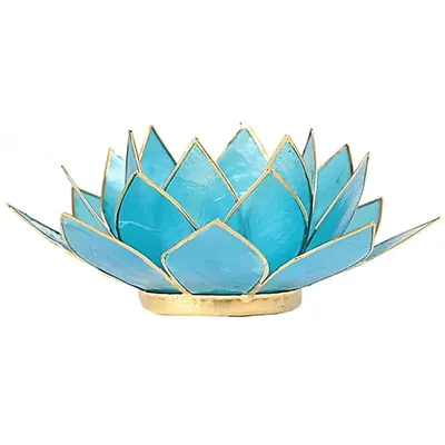 Produktbild von Lotus Teelichthalter blau 5. Chakra goldfarbig -- 13.5 cm