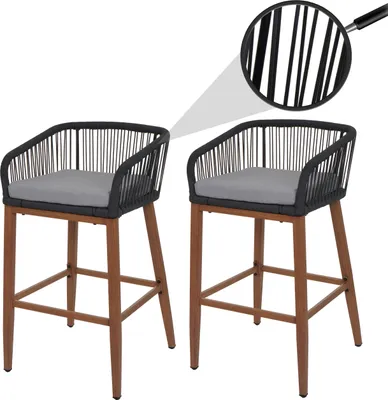Produktbild von 2er-Set Rope-Barhocker HWC-O22, Outdoor Sitzpolster Seilgeflecht Metall Holz-Optik anthrazit, Kissen hellgrau