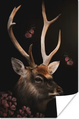 Produktbild von MuchoWow® Poster Hirsch - Dschungel - Schmetterling - Blumen 60x90 cm - Wanddekoration