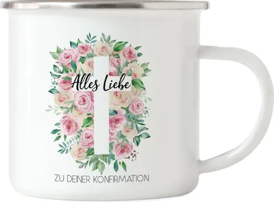Produktbild von Alle Liebe zu deiner Konfirmation Emaille Tasse Konfirmationsgeschenk Mädchen Patenkind Kirche