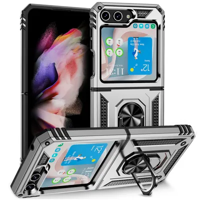 Obrázek produktu pro Pouzdro pro Samsung Galaxy Z Flip 5 dvouvrstvé robustní, vojenská ochrana pouzdro s držákem prstenu a stojánkem Stříbro
