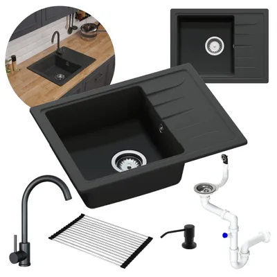 Produktbild von GranMaster Gracia Granitspülbecken Komplett-Set - Schwarzer Edelstahl-Armatur, Siphon, Rollmata und Seifenspender, 1-komoriger Spülbecken, kratzfest