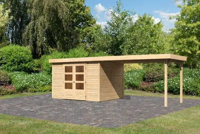 Produktbild von Karibu Gartenhaus Gerätehaus Askola 5 im Set mit Anbaudach 2,80 m Breite naturbelassen 557x246x211 cm