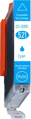 A side view of a cyan ink cartridge with labeling.