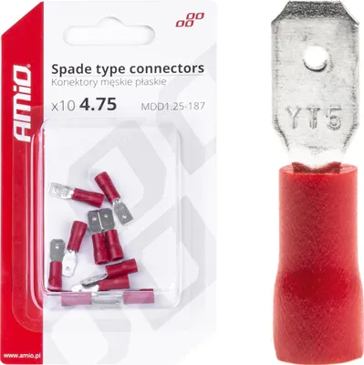 Imagen del producto de Conectores aislados macho planos 4.75 mm 0.5-1.5 mm2 10A 10 uds. AMIO-03065