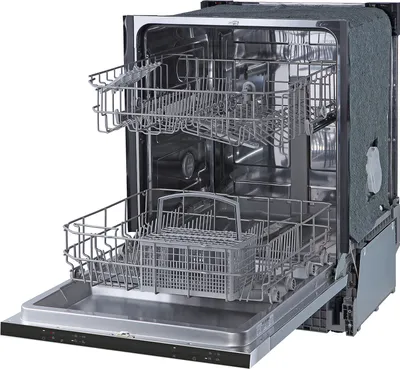 An open dishwasher with two racks and a cutlery basket.