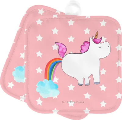 Produktbild von Mr. & Mrs. Panda Topflappen Einhorn Pupsen - Rot Pastell - Geschenk, Topflappenset, Topfuntersetzer, Unicorn, Spaß, Regenbogen, Freundin, Set, Lustig, Kochlappen