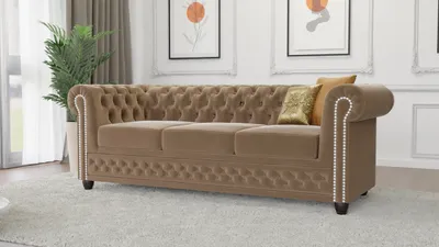 Produktbild von S-STYLE MÖBEL - Nox - Chesterfield 3 sitzer Sofa aus Beige Samt-Stoff mit Holzfüßen, B/T/H: 203 cm / 86 cm / 72 cm
