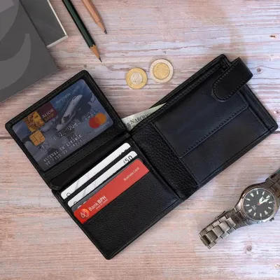 Image de Portefeuille pour homme Belveder, en cuir véritable, design slim, avec compartiments pour cartes, minimaliste et classique, couleur noire, modèle SH-162