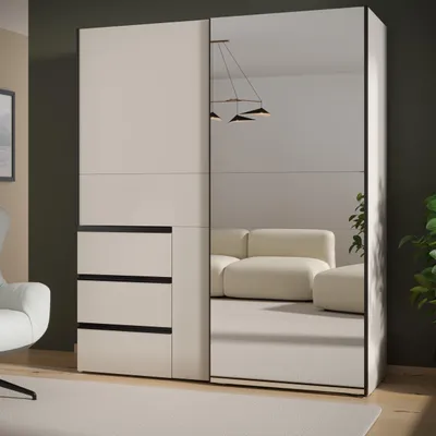 Produktbild von Forte WINN 2 moderner Kleiderschrank 170, Schwebetürenschrank mit Spiegel, 2-türig, 3 Schubladen, Holzwerkstoff, Kaschmir|Beige, 170,3 cm breit x 200,5 cm hoch x 61,2 cm tief