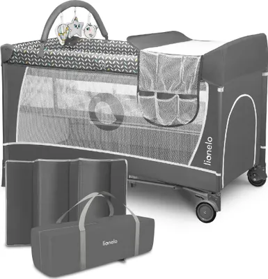 Produktbild von Lionelo Flower Travel Cot Dětská ohrádka Baby s bočním vchodem Přebalovací stůl Dvě matrace Závěsné výšky Prostěradlo na hračky s hracími znaky Kolečka Taška na přenosky