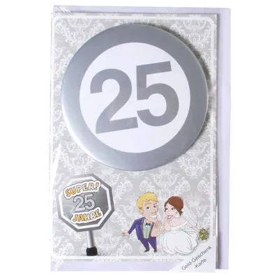 Produktbild von 1 Karte mit Riesen-Button " 25 " mit Umschlag 25 GEBURTSTAG SILBERNE HOCHZEIT
