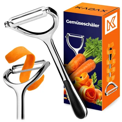 Produktbild von KADAX Sparschäler 7 x 18 cm, Gemüseschäler mit 42 mm breiter, extra scharfer Pendelklinge, Gurkenschäler, Kartoffelschäler aus vernickeltem Stahl, Pendelschäler