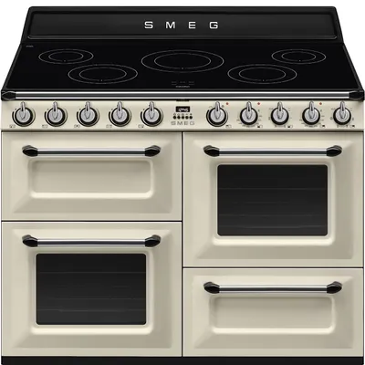 Imagen del producto de Smeg TR4110IP2, cocina de pie, color crema, mandos, acero inoxidable, frontal, acero inoxidable