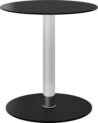 A product shot of a round table with a black top and base, and a silver cylindrical pedestal.