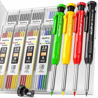 Immagine prodotto di Set di matite per segnare fori profondi, composto da 4 matite con 52 mine, matite per segnare fori per la lavorazione del legno e l'edilizia, fornite in custodia