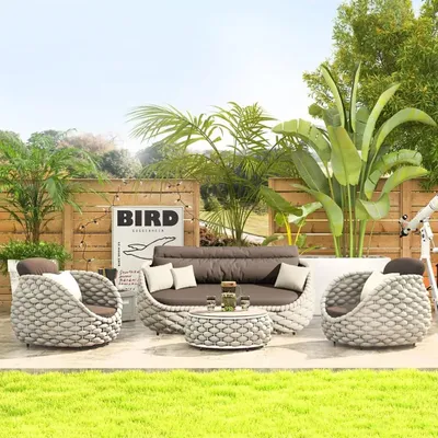 Produktbild von 4-teiliges Gartenmöbel-Set aus Polyrattan–2 Einzelsessel, 1 Dreisitzer, 1 Tisch–wetterfest, wasserfest, ideal für Garten und Balkon Cremeweiß/TBSF-B3/