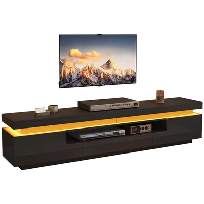 Produktbild von Merax TV Lowboard mit 2 L-förmigen Schränken und 1 Schublade, TV-Ständer mit LED, Hochglanz-Wohnzimmerschrank für bis zu 75 Zoll Fernseher, Schwarz