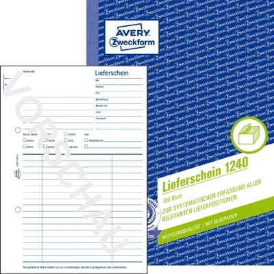 Produktbild von Avery Zweckform 1240, Lieferschein, A5, Recycling-Papier, mit Blaupapier, 100 Blatt