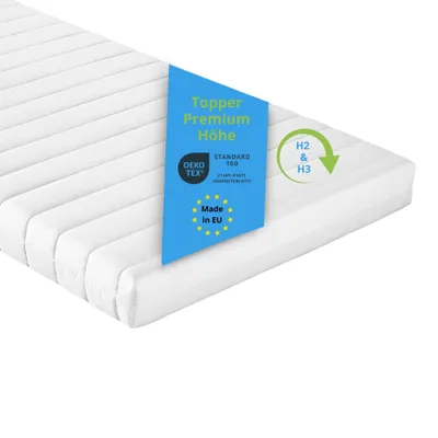 A white mattress topper with a blue marketing tag and a green certification icon.