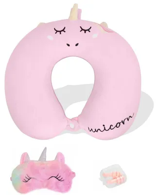 Image de Coussin de voyage pour le cou, avec masque de sommeil et bouchons d'oreille, en mousse à mémoire de forme, couleur rose