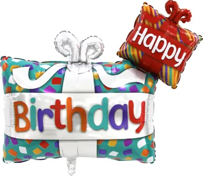 Image de Ballon en plastique Happy Birthday motif cadeau, 70 x 99 cm